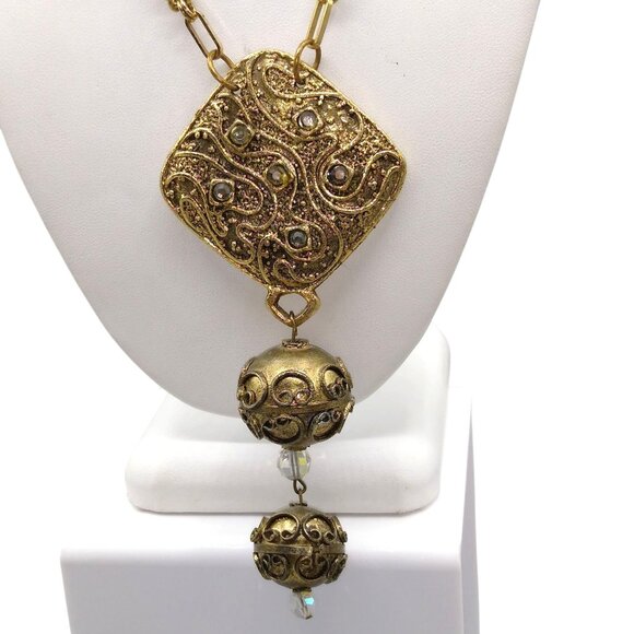 Vintage Etruscan Style Statement Necklace with Byzantine Chain and Crystal Accen - Picture 4 of 9